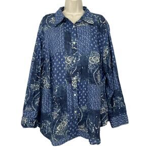 Chaps Top Women 3X Blue Patchwork Paisley Floral Bandana Print Button Front Boho